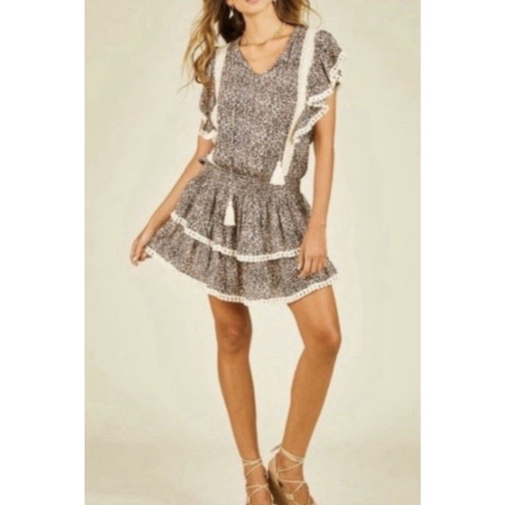 SURF GYPSY Women's Leopard Print Flutter Sleeve V-Neck Tiered Ruffle Mini Dress